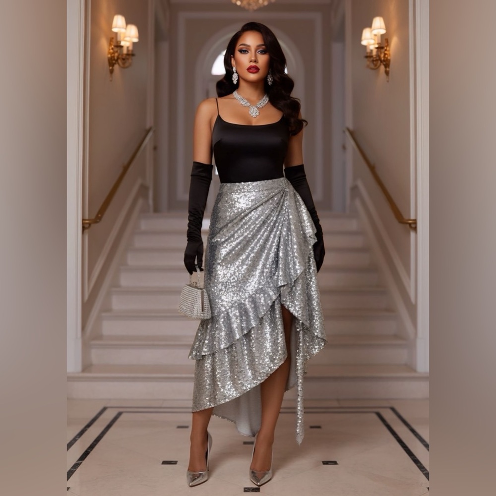 ASOS Silver Sequin Asymmetrical Skirt